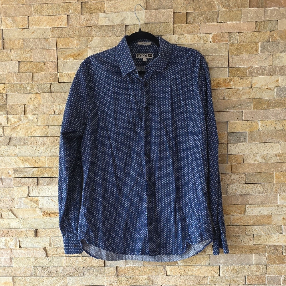 Express Men's Navy Blue Dot-Pattern Button Down Shirt